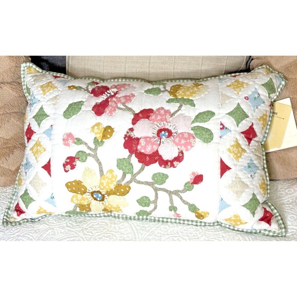 The Home Quilted Look Zipper Pillow Sham Floral Green Gingham Trim & Backing NWT - Picture 1 of 14